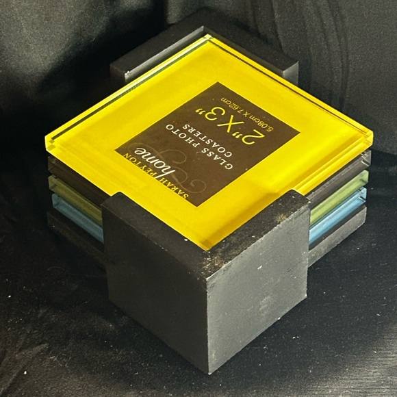 VTG Sarah Payton 2010 4 Colorful Solid Glass Photo Coasters w/Black Wood Holder - Picture 2 of 12